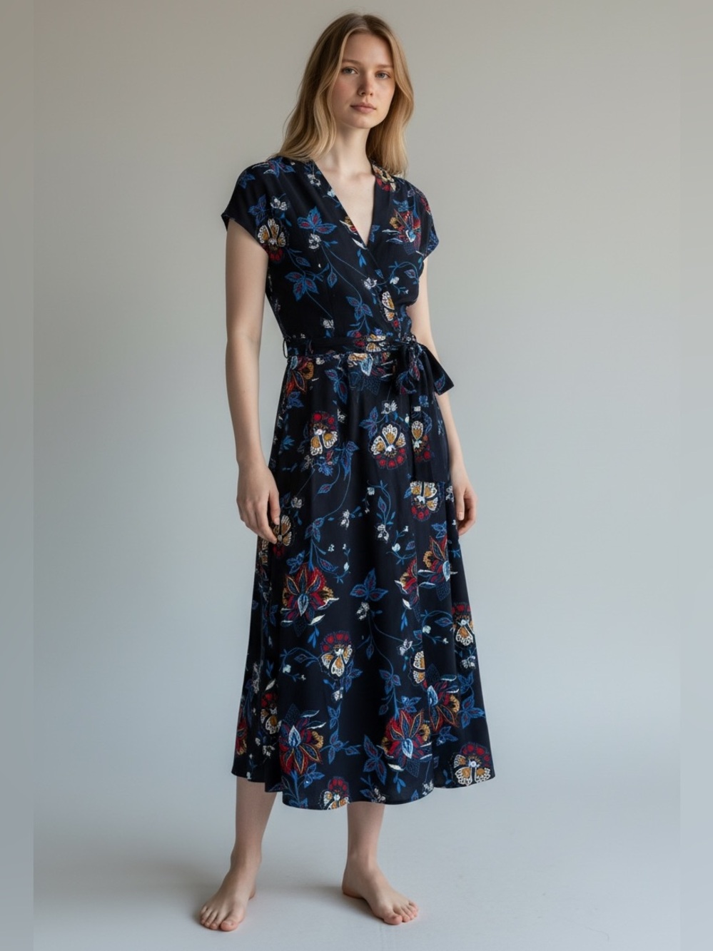 H&M Navy Midi Maxi Dress with Red and Blue Floral Pattern